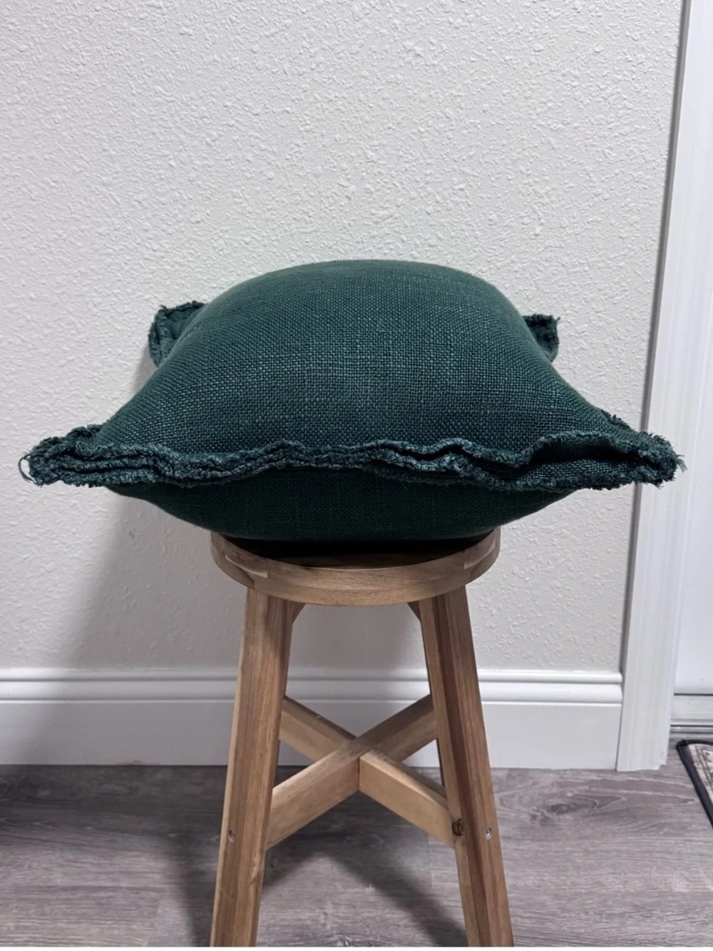 Anthropologie Luxe Emerald Green Linen Blend Pillow Cover 18x18 Fringed Edge